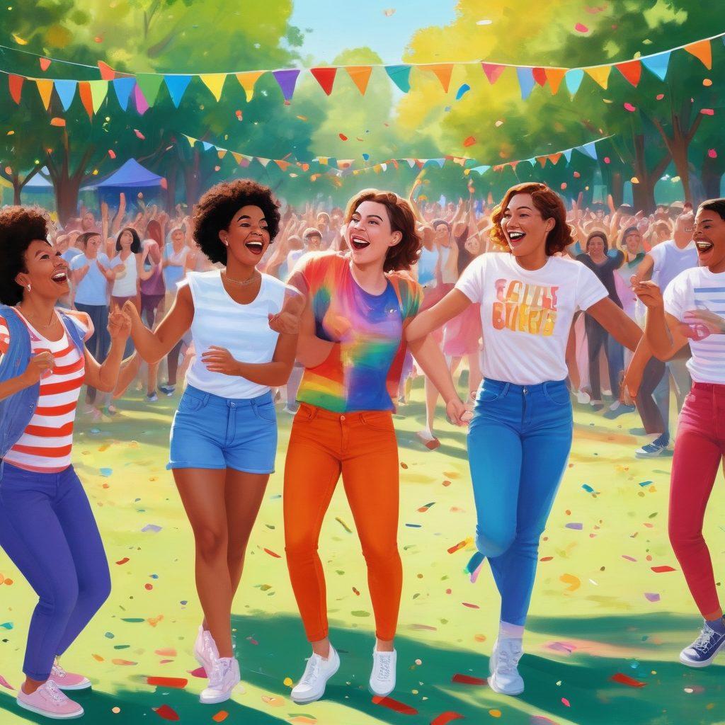A lively and colorful scene depicting a diverse group of LGBTQ+ individuals engaging in joyful activities such as dancing, laughing, and enjoying a comedy show in a vibrant park setting. Include rainbow flags, bright confetti, and playful caricatures representing different aspects of LGBTQ+ culture. The background should feature a whimsical stage with a spotlight and humorous props to enhance the entertainment theme. bright colors. playful illustration. upbeat and whimsical style.