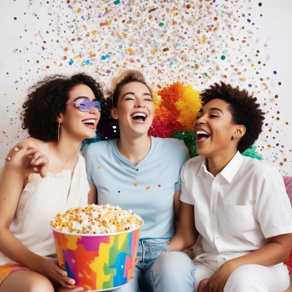 A vibrant collage of joyful LGBTQ+ individuals laughing and sharing funny moments, surrounded by colorful confetti and rainbow motifs. Include playful elements like popcorn, film reels, and comedy masks to symbolize entertainment, with a cozy living room setting in the background. Aim for an atmosphere of inclusivity and happiness. super-realistic. vibrant colors. white background.