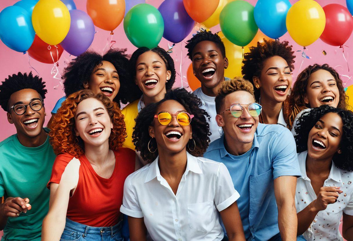 A colorful collage featuring diverse figures of the LGBTQ+ community, joyfully engaged in various activities like dancing, laughing, and sharing moments. Include playful elements like rainbow-colored balloons, confetti, and a film reel to symbolize video content. The background should be bright and lively, reflecting a festive atmosphere. Incorporate soft, heartwarming expressions on the characters' faces to convey upliftment and happiness. vibrant colors. pixel art.